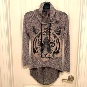 Jessie & J Knit Tiger hooded‎ long sleeve top women’s sz XL gray and black soft